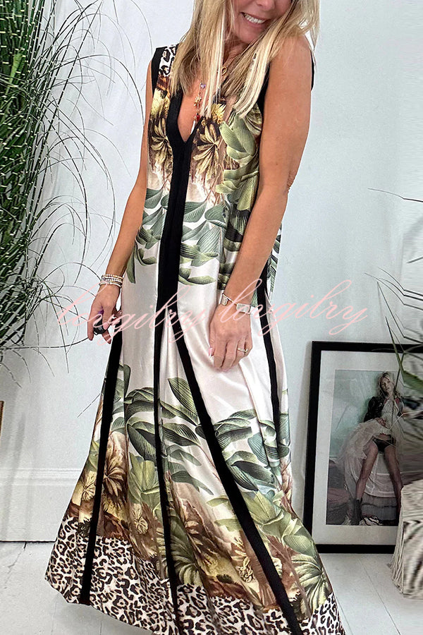 Vanna Unique Tropical Print Black Patchwork Detail A-line Maxi Dress
