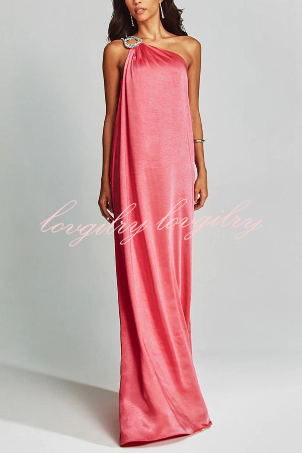 Charming Glance Satin Metal Hardware One Shoulder Loose Maxi Dress