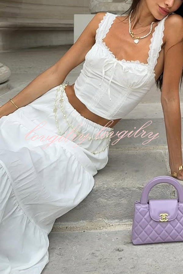 Fashionable Suspender Slim-fit Top and Elastic Waist Stitching Elegant Maxi Skirt Set