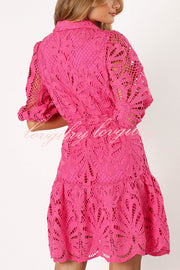 Solid Color Lace Cutout Balloon Sleeves and Waist Tie Mini Dress