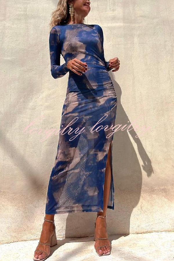 Charm Lady Mesh Overlay Tie Dye Print Long Sleeve Ruched Stretch Midi Dress