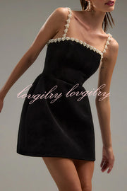 Sweet Poetry Velvet Pearl Trim Straps Pocketed Tulip Style Mini Dress