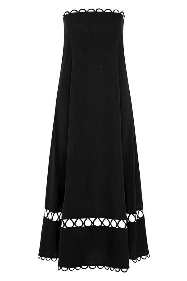 Gina Linen Blend Scallop Cutout Trim Strapless A-line Midi Dress