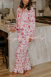 Christmas Night Satin Loose Shirt and Elastic Waist Pocketed Pajama Set