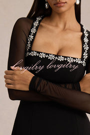 Emmey Jewel Embellished Trim Square-Neck Mesh Long Sleeve Mini Dress