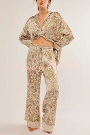 Unique Printed Lounge Long-sleeved Shirt and Elastic Waisted Baggy Pants Set