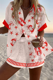 Crab and Lobster Print Loose Button Elastic Waist Shorts Set