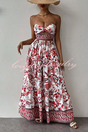 Floral Print Cutout Bandeau Top and Elastic Waist Full Maxi Skirt Set