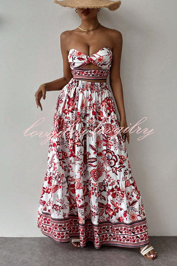 Floral Print Cutout Bandeau Top and Elastic Waist Full Maxi Skirt Set