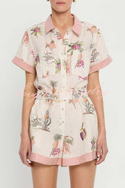Plant Print Lapel Short Sleeves Loose Pocket Waist Tie Casual Rompers