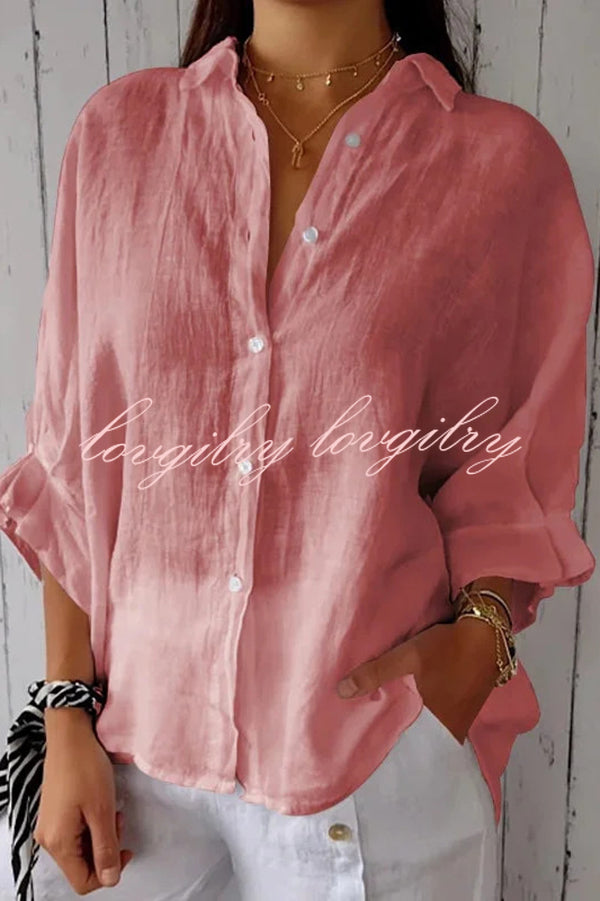 Linen Blend Solid Color Tie Back Loose Shirt Top