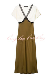 Fashionable Contrast Color V-neck Lace Stitching Maxi Dress