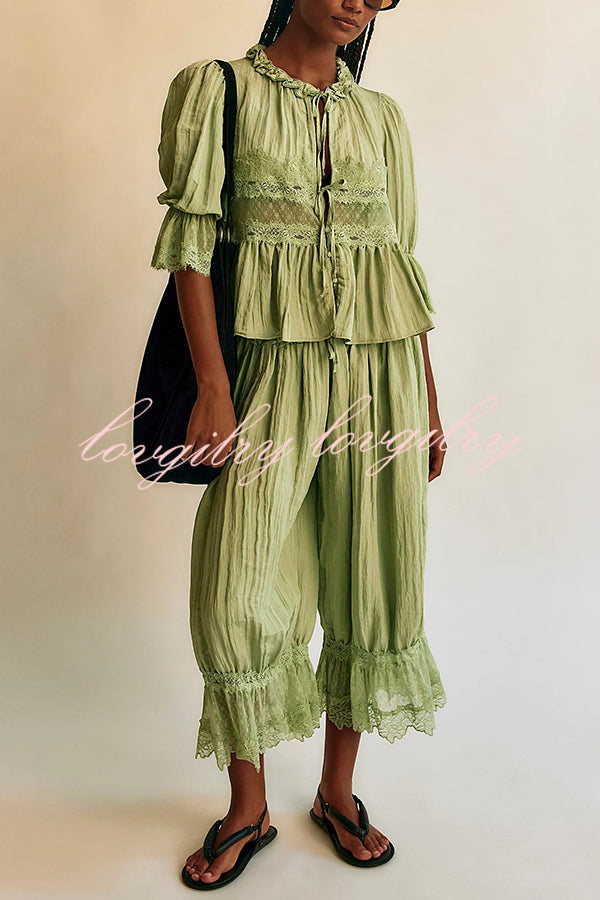 Pastoral Style Elastic Waist Lace Hem Bloomer Pants
