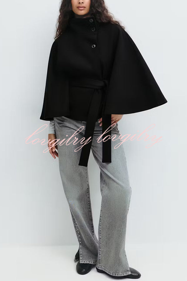Fashionable Stand Collar Button Waist Tie Loose Cape