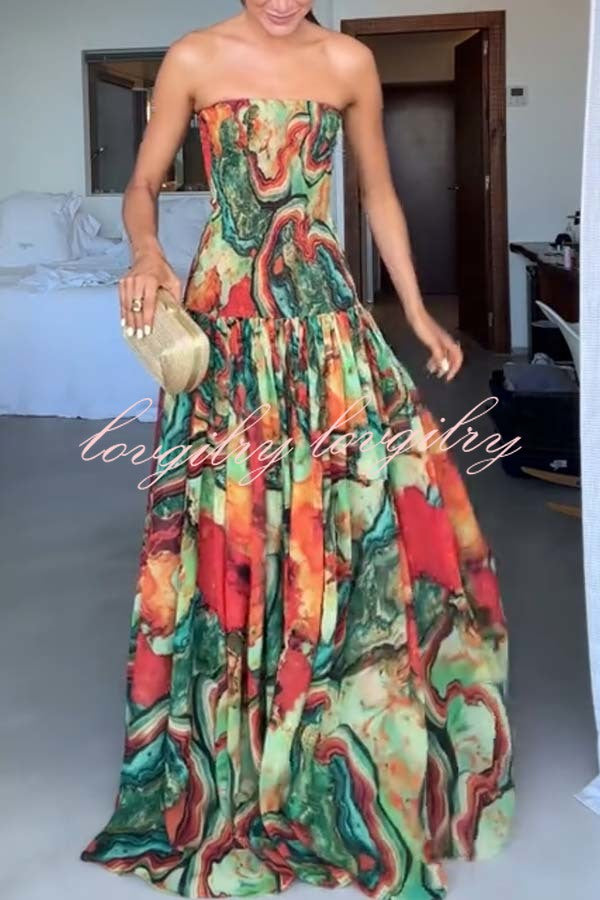 Vacay Vibes Colorful Lava Print Off Shoulder Smocked Scarf Maxi Dress
