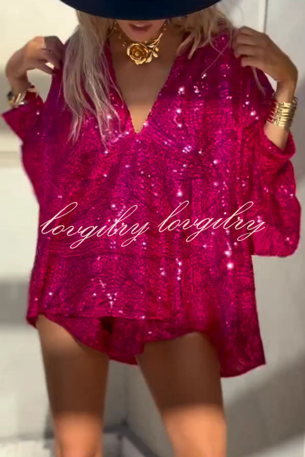 Fashion Sequin V-neck Long Sleeve Loose Top and Elastic Waist Casual Shorts Set