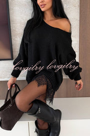 Comfy and Sweet Knit Lace Patchwork Hem Wide Neck Long Sleeve Loose Sweater