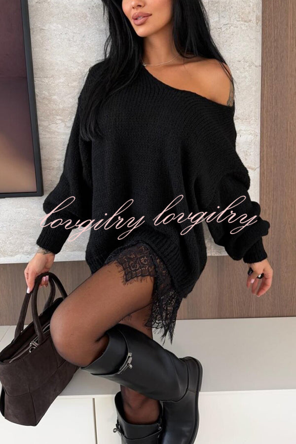 Comfy and Sweet Knit Lace Patchwork Hem Wide Neck Long Sleeve Loose Sweater