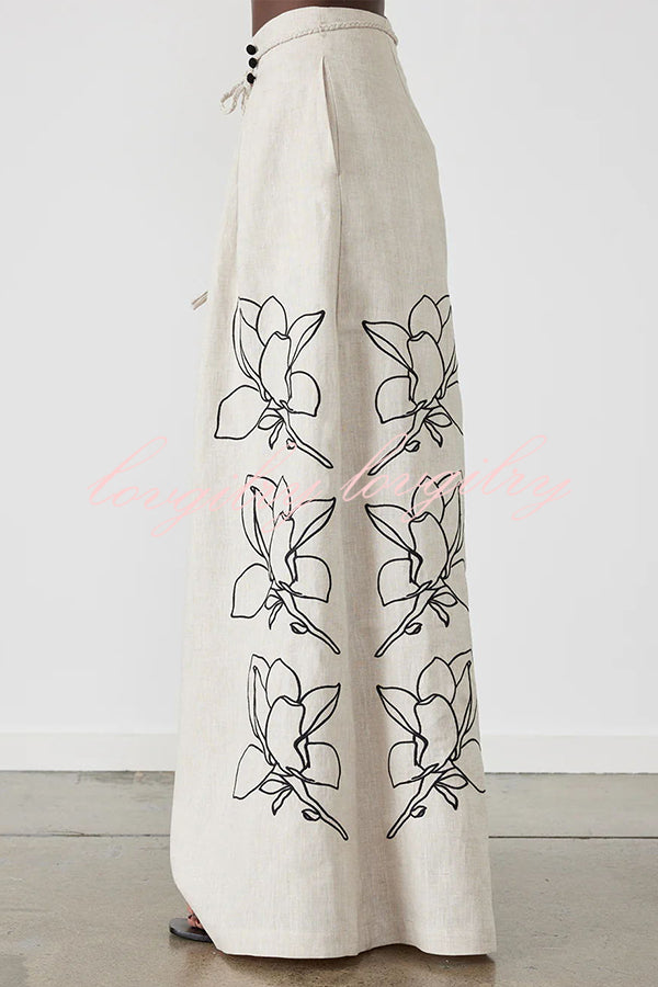 Elaina Linen Blend Floral Print Button Pocketed Wide Leg Palazzo Pant