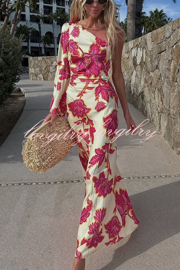 Rhia Satin Floral Print One Shoulder Flared Maxi Dress