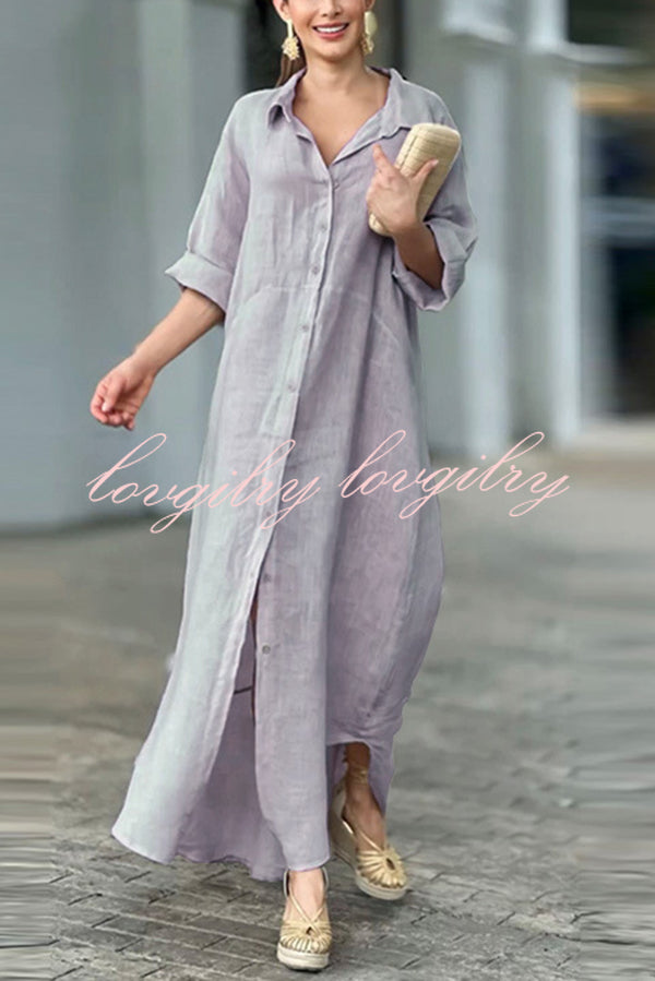 Linen Blend Solid Long Sleeve Buttoned Loose Shirt Style Maxi Dress