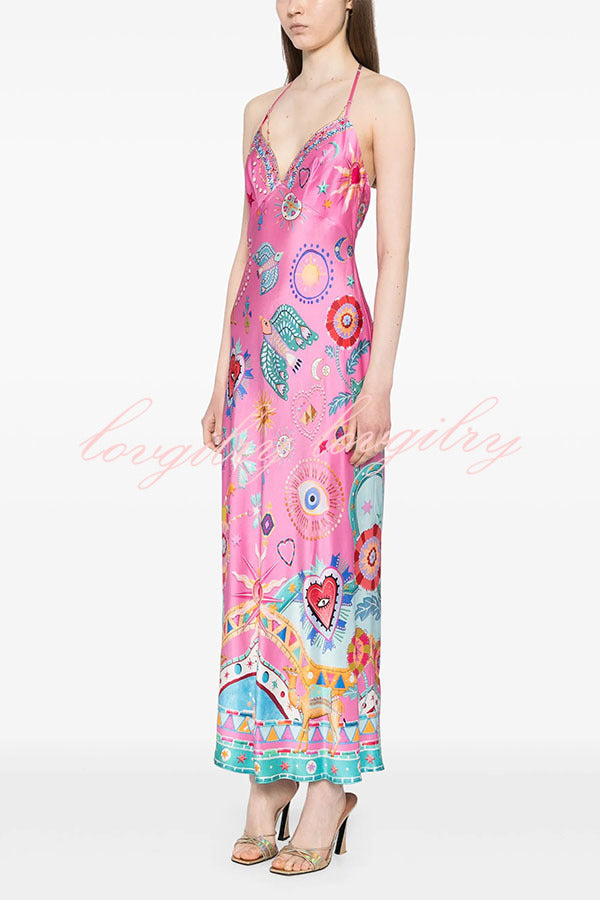 Effortless Chic Satin Unique Print Back Chain Detail Slip Maxi Dress