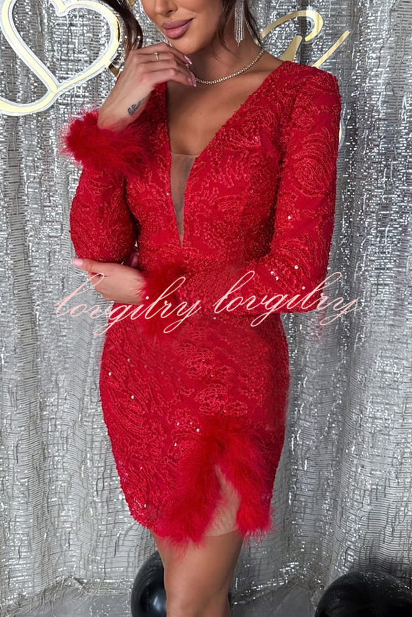 Broadway Queen Unique Sequin Pattern Feather Trim Long Sleeve Stretch Mini Dress