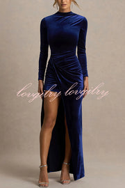 Wishes Velvet High Neck Long Sleeve Ruched Waist Wrap Slit Stretch Maxi Dress