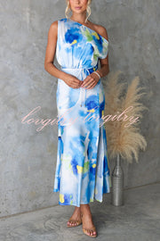 Satin Unique Print One Shoulder Tie Waist Slit Maxi Dress