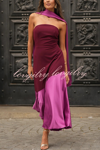 Luxurious Poise Satin Bias Cut Patchwork Shawl Bandeau Maxi Dress