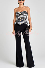 Maya Check Bouclé-tweed Fabric Sweetheart Neck Gold Button Strapless Tank