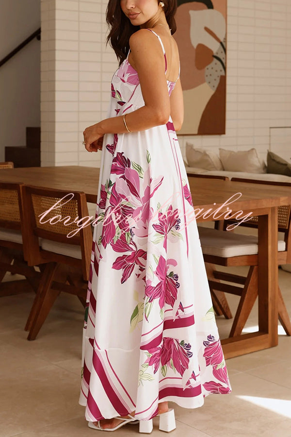 Botanical Print Halter Square Neck Pleated Loose Maxi Dress