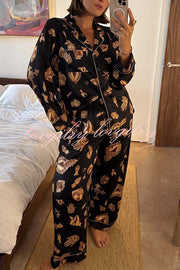 Golden Night Unique Print Color-block Trim Loose Shirt and Elastic Waist Pocketed Pajama Set