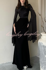 Liora Ruched Organza and Satin Patchwork Design Long Bell Slit Sleeve Maxi Dress