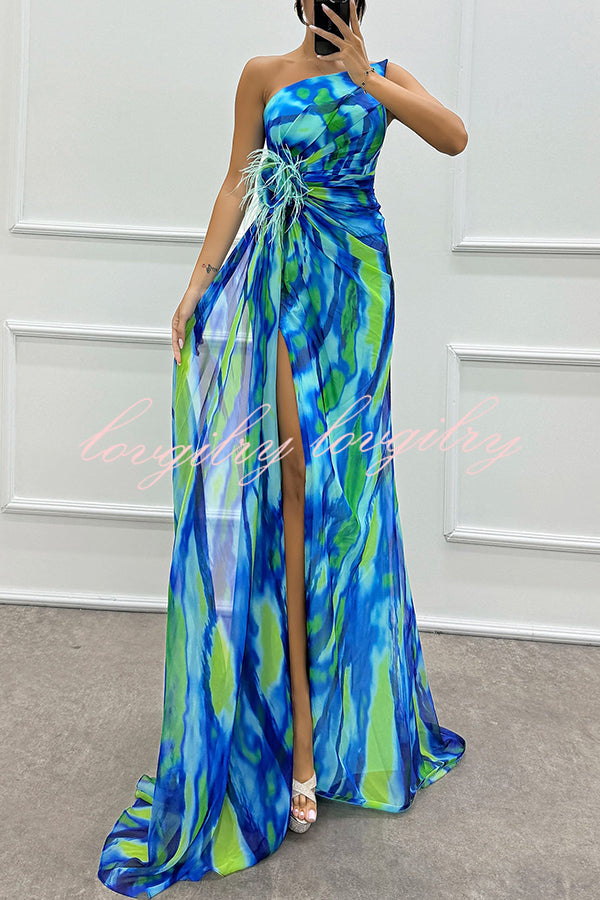 Amazing Views Watercolor Print Feather Rose Detail Off Shoulder Pleated Slit Maxi Dress