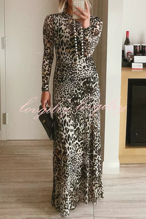 Wild As They Come Mesh Leopard Long Sleeve Stretch Maxi Dress