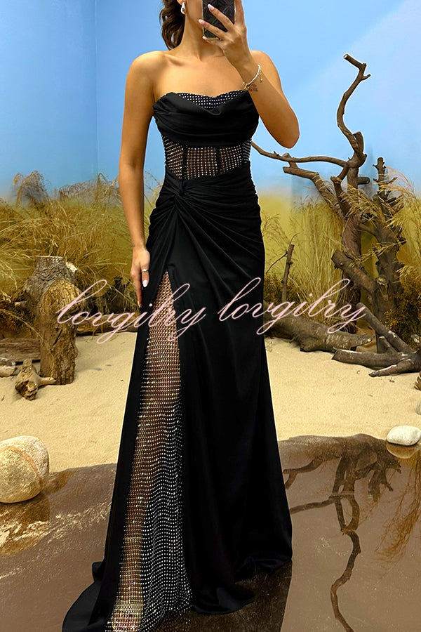 Essie Satin Rhinestone Patchwork Twist Waist Strapless Slit Maxi Dress