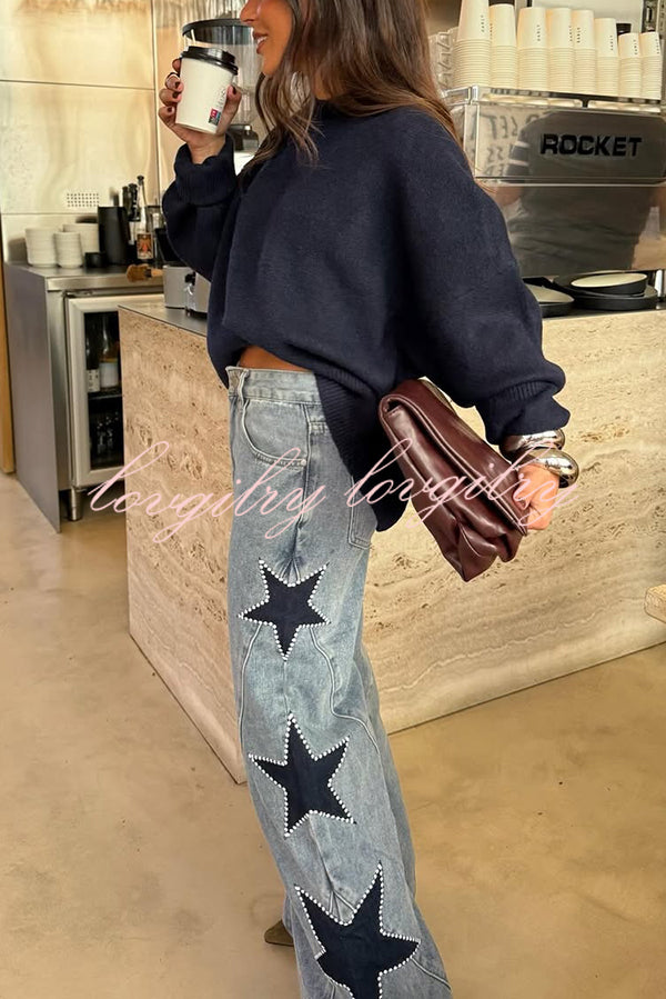 Jessy Denim Mid Rise Side Star Pattern Pocket Wide Leg Jeans