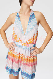Eleanor Knit Colorful Zigzag Pattern Halter V-neck Tie-up Loose Romper