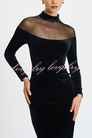 Fashionable Velvet and Mesh Spliced long-sleeved Slim-fit Maxi Dress