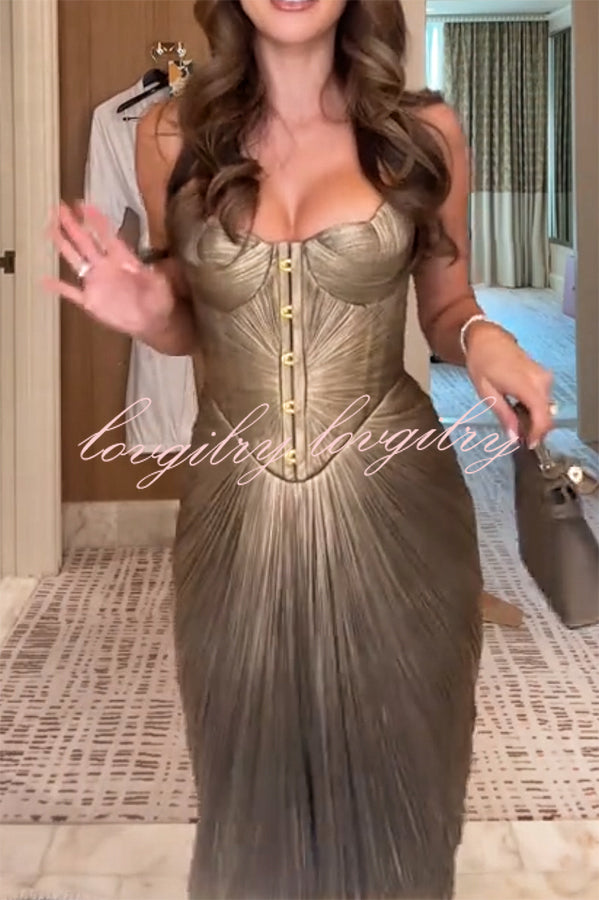 Vegas Queen Metallic Pleated Sculpted Bodice Back Lace-up Drape Maxi Dress