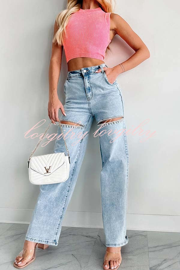 Blowing Your Mind Slit-Front Wide Leg Pocket Rhinestone Jeans