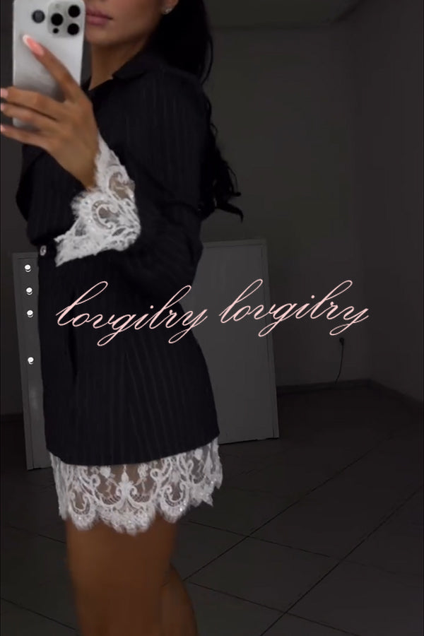Merrin Striped Lace Trim Double-breasted Long Sleeve Lapel Blazer Mini Dress