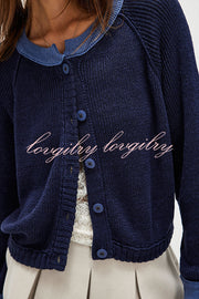 Stylish Contrasting Crew Neck Buttoned Knitted Cardigan