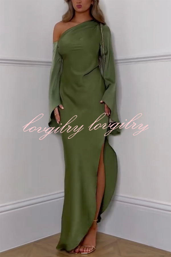 Zayla Satin Asymmetrical One Shoulder Bell Sleeve Slit Maxi Dress