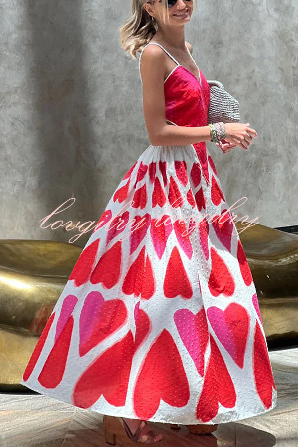 Full of Love Heart Shape Print Cutout Spaghetti Strap Backless Maxi Dress