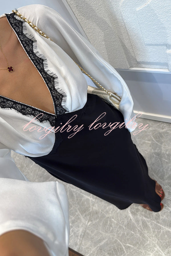 Lainei Contrast Color Satin Lace Trim V-neck Long Sleeve Maxi Dress