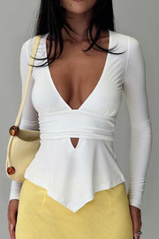 Solid Color Deep V Hollow Long Sleeve Casual Slim Fit Top