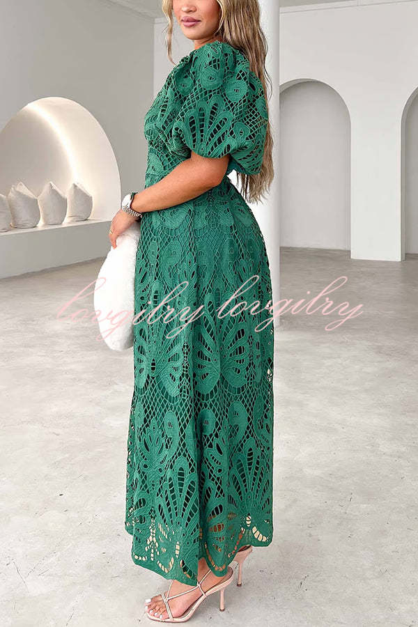 Solid Color V-neck Waist Slim Fit Hollow Lace Maxi Dress