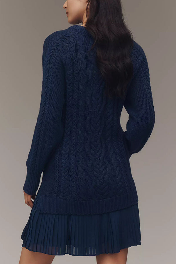 Fashion Loose Round Neck Long Sleeve Knitted Splicing Mini Dress